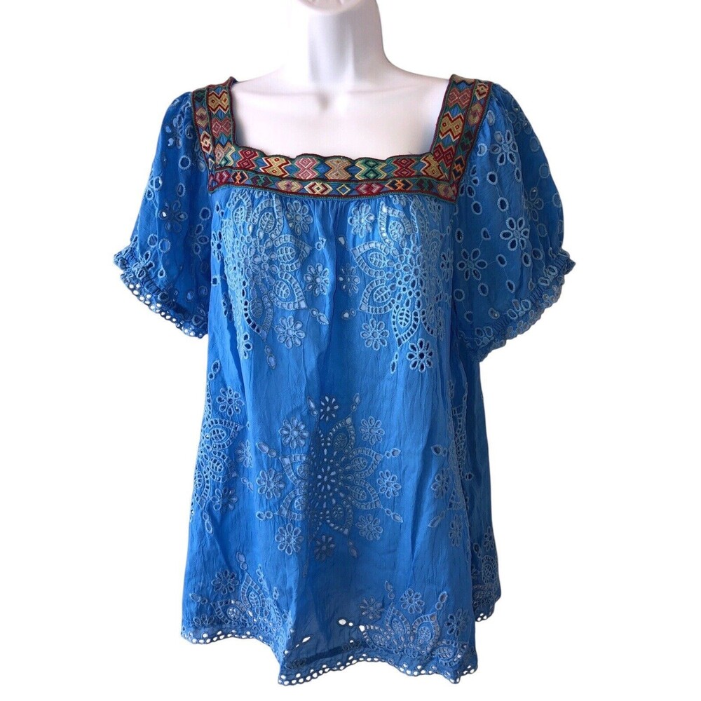JOHNNY WAS Blue HAPPY SIA Square Neck Eyelet Blouse Eyelet Lace Medium